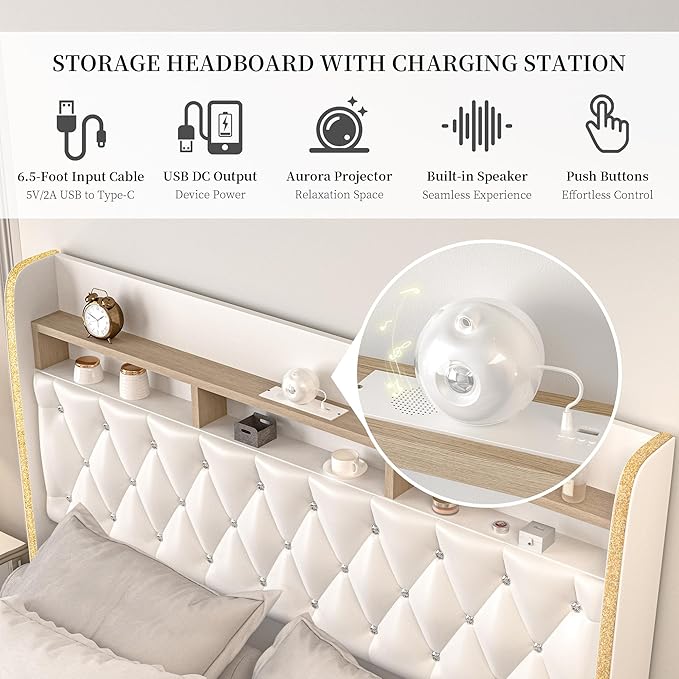 Full LED Bed Frame with 2 Storage Drawers, PU Upholstered Platform Beds with Galaxy Star Projector Charging Station Speaker, Aurora Bedframe with 2-Tier Storage Headboard, Noise-Free, White