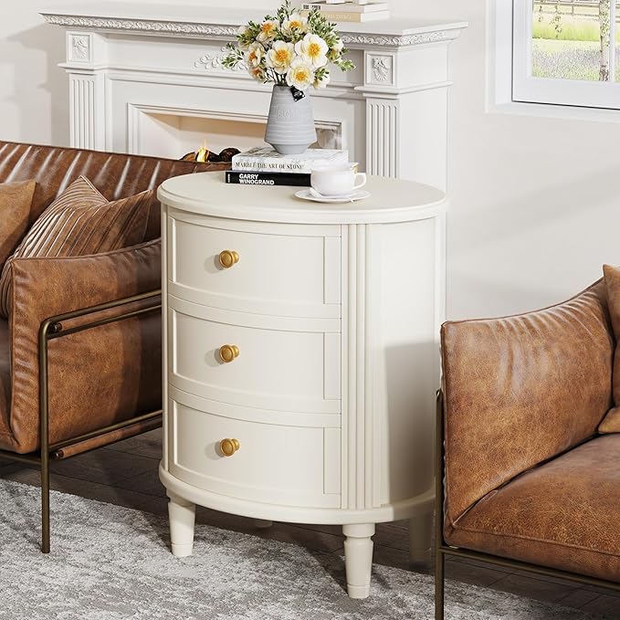 Tribesigns Nightstand with 3 Drawers, Oval Bed Side Table for Bedroom, Fully Assembled, Farmhouse Night Stand with Storage, Wooden Side End Table with Solid Wood Legs for Living Room, Beige White