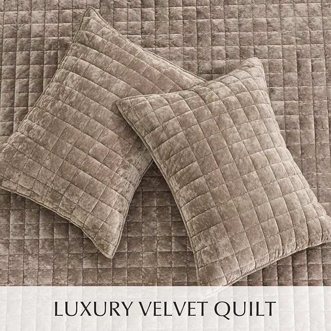RECYCO Luxury Velvet Quilt Queen Size Bedding Set, Ultra Soft Velvet Comforter Set, Lightweight Quilted Channel Box Stitch Oversized Bedspread Coverlet for All Season, with 2 Shams, Natural Tan