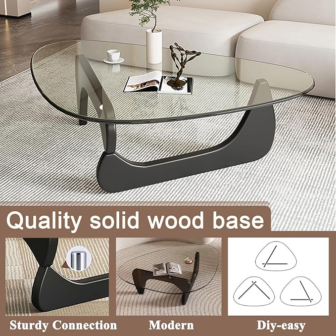 Glass Coffee Table, Mid Century Modern Coffee Table, Coffee Table for Living Room Center Table Suitable for Bedroom Living Room Reception Office Tables (Black/Transparent, Large)