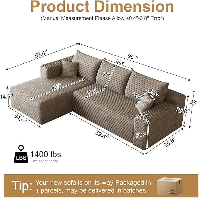 96" Sectional Couches for Living Room Modern Modular Sofa with L-Shape Couchs Upholstered Boneless Couch Deep Seat Sectional Couch with Chaise (Camel, 96" Left Facing Chaise+2Seaters)