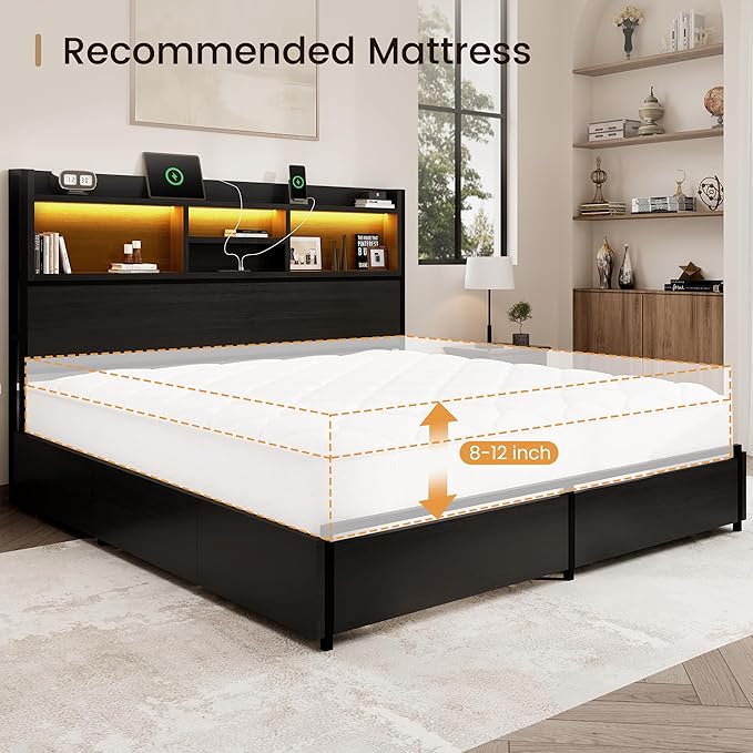 Queen Storage Bed Frame with 6 Drawers, USB Charging Station, No Noise, No Box Spring Required, Vintage Black Headboard Platform Bed