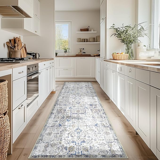 jinchan Kalen Runner Rug 3x8 Washable Hallway Rug Vintage Indoor Thin Retro Floor Cover Distressed Floral Country Lightweight Non Slip Carpet for Entryway Bathroom Bedroom Living Room Stairway Blue