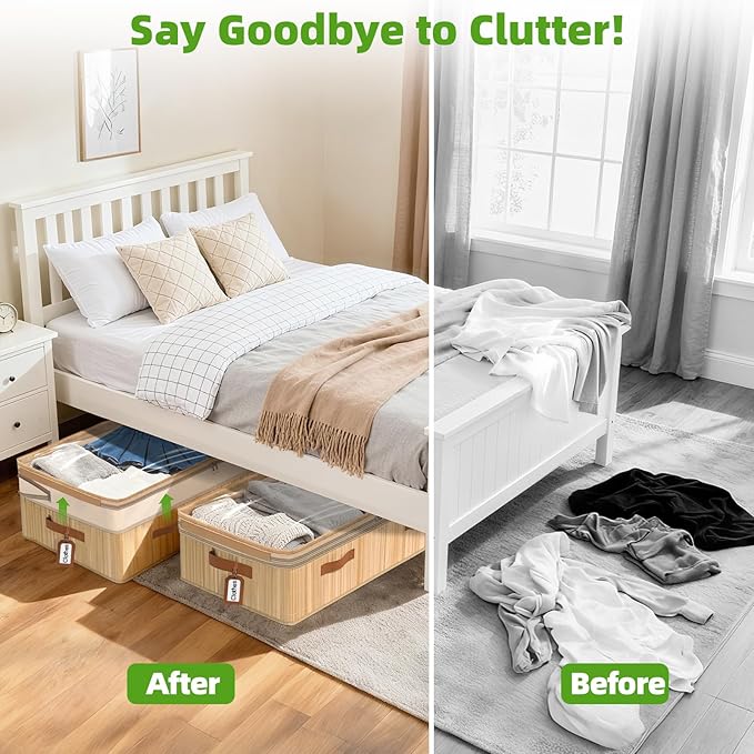 Livole Bamboo Under Bed Storage, 6-10 inches Height Adjustable Underbed Storage Containers, 92L XXXL Large Under Bed Storage Bins with Clear Lid & Label for Clothes, Blankets, Sweater, Shoes, 1 Pack