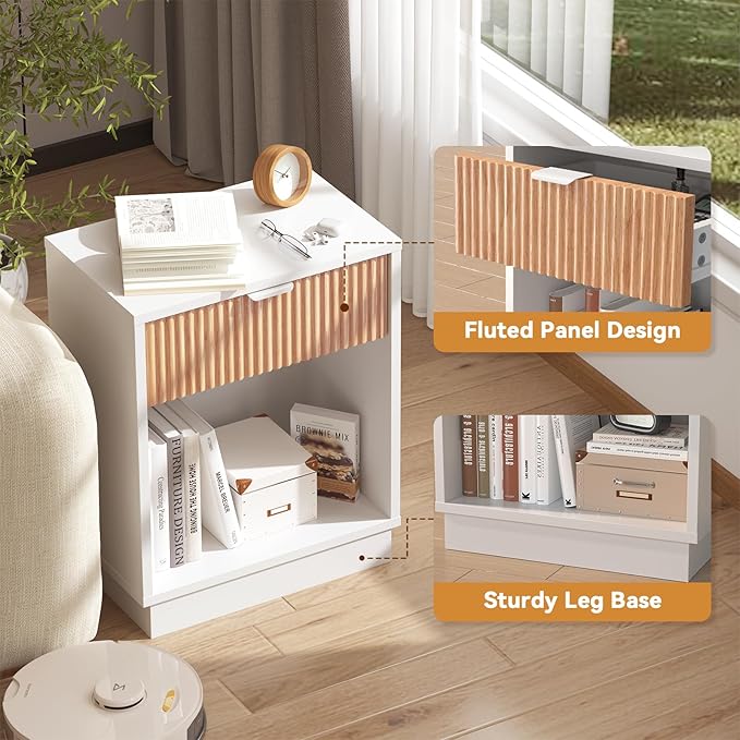 CMFYDAILY Fluted Night Stand Set 2, Large Wood Bedside Table Set of 2 Nightstands Set of 2 with Drawer and Storage Shelf for Bedroom, Small Spaces