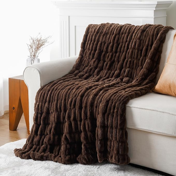BATTILO HOME Rust Brown Faux Fur Throw Blanket for Bed, Large Double Side Reversible Ruched Rabbit Fur Blanket for Couch, Living Room, Soft Warm Mink Cozy Blanket, 60x80 Inch