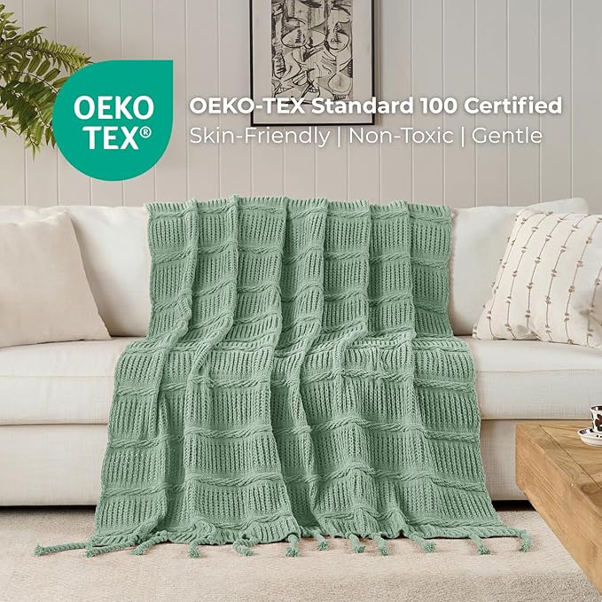 Boho Knitted Chenille Blanket with Tassels - Lightweight & Soft All-Season Throw - 3D Classic Pattern for Living Room Bedroom Couch, Sage Green, Queen 90"x90"