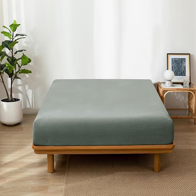 MooMee Fitted Bottom Sheet Only 100% Washed Cotton Linen Like Textured Breathable Durable Soft Comfy Deep Pocket Fits Mattress up to 17" (Heathered Green, King)