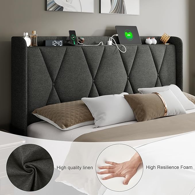 Feonase Full Size Bed Frame with 4 Storage Drawers, Upholstered Platform Bed with Charging Station, Wingback Storage Headboard, Wooden Slats Support, No Box Spring Needed, Easy Assembly, Dark Grey