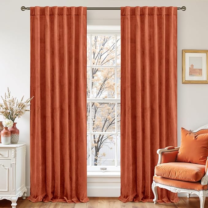 LAMIT Terracotta Velvet Curtains 84 Inch for Living Room, Rust Fall Decor Room Darkening Panels for Farmhouse Thermal Noise Reducing Bedroom Drapes with Back Tab and Rod Pocket, 2 Panels, 52 x 84 Inch