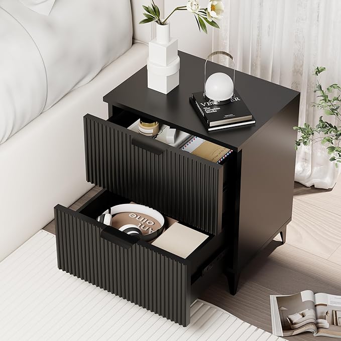 Royal Windsor Small Fluted Nightstand Set of 2 with 2 Drawers, Side End Table, Small Accent Storage Cabinet, Modern Night Stand Bedside Table for Bedroom Full Size Bed, Black