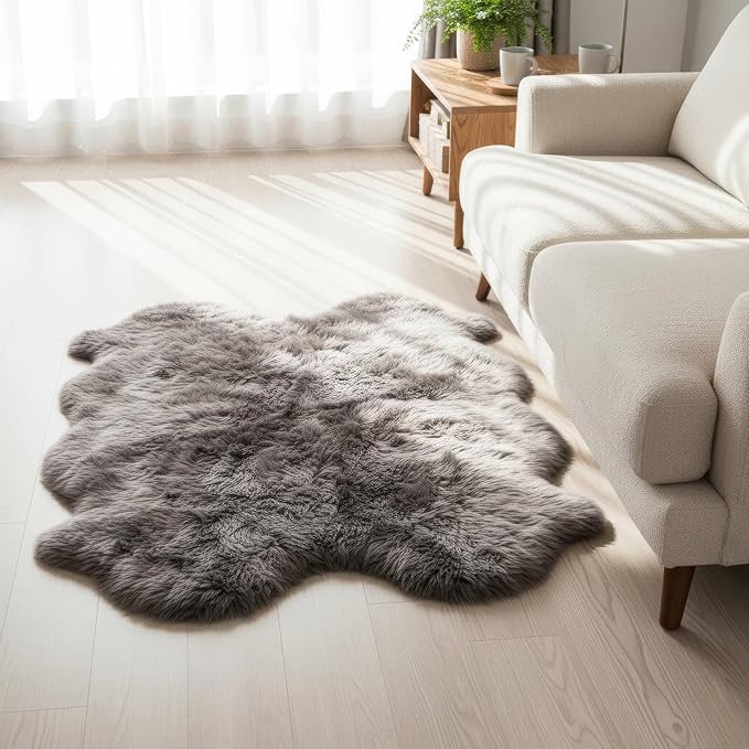 Premium Gray Sheepskin Rug Genuine Quad 4x6ft Pelt Fluffy Fur Rug for Living Room