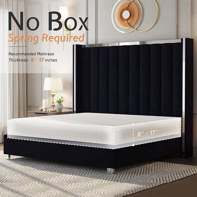 Jocisland Queen Size Bed Frame with 58" Tall Headboard, Velvet Upholstered Platform Bed with Channel Tufted Wingback Headboard and Plating Trim, No Box Spring Needed, Black