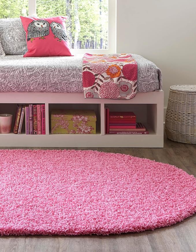 Unique Loom Solid Shag Collection Area Rug (5' 1" x 8' Oval, Taffy Pink)