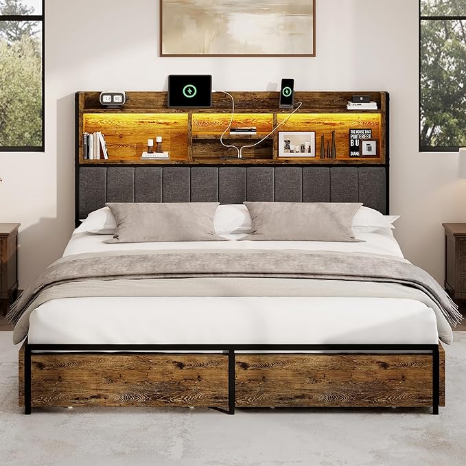 King Bed Frame with 6 Storage Drawers, Linen Upholstered Headboard, Built-in USB Charging Station & LED Lighting, Silent Metal Support, No Box Spring Needed, Vintage Brown