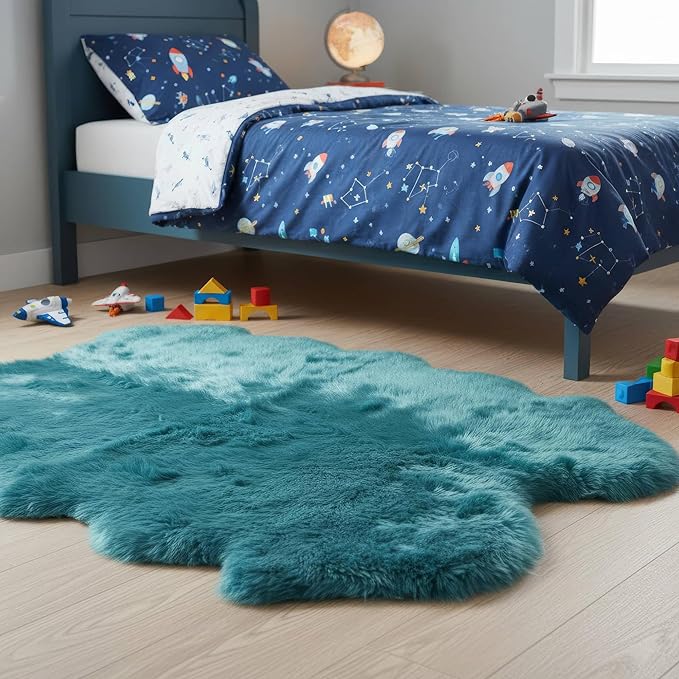 Beach Blue Genuine Sheepskin Rug 4x6 ft, Real Fluffy Quad Pelt Fur Area Rug for Living Room, Bedroom, & Nursery, Shaggy Boho, Modern, or Farmhouse Decor