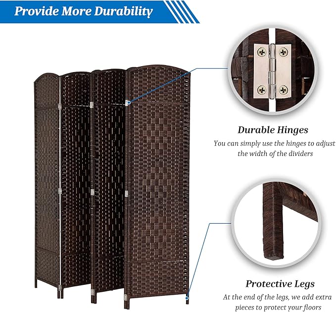 VINGLI 6-Panels Tall Rattan Room Divider, 6 FT Folding Privacy Screen, Indoor Partition Wall Dividers, Freestanding Hinged Space Separator (Dark Brown)
