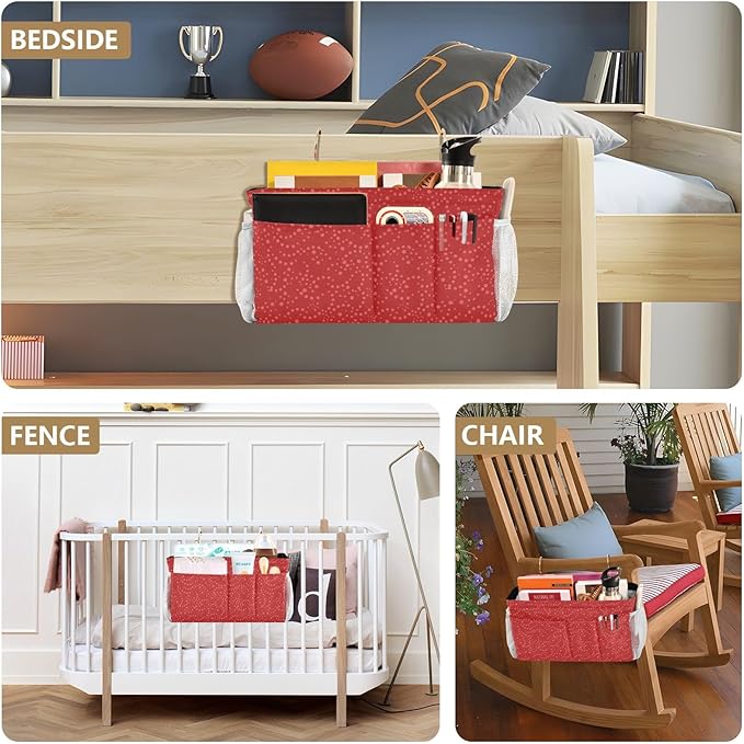 Bedside Caddy Hanging Bunk Bed Caddy Bed Organizer Hanging Pocket with 2 Hooks Bedside Storage Organizer Pocket Bag Holder Polka Dot Red