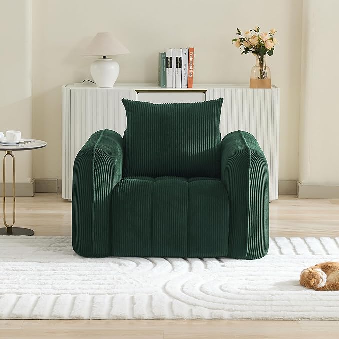 Oversized Boneless Corduroy Accent Chair, Comfy Deep Seat Armchair for Bedroom, Modern Upholstered Living Room Sofa Chair with Pillow, No Assembly, Green
