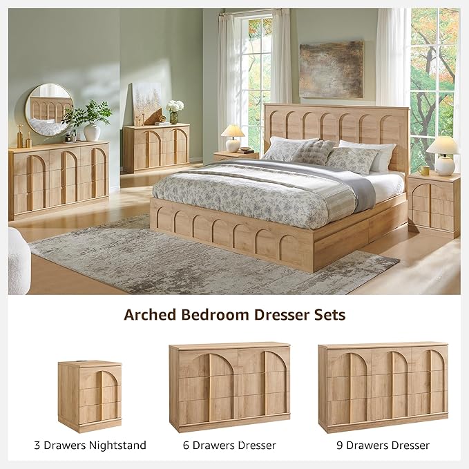 ACCOHOHO Queen Size Bed Frame Modern with 52" Tall Arched Recessed Headboard and 4 Drawers, Solid Wood Slats Support, Wood Platform, Noise Free, No Box Spring Needed, (Natural Oak)