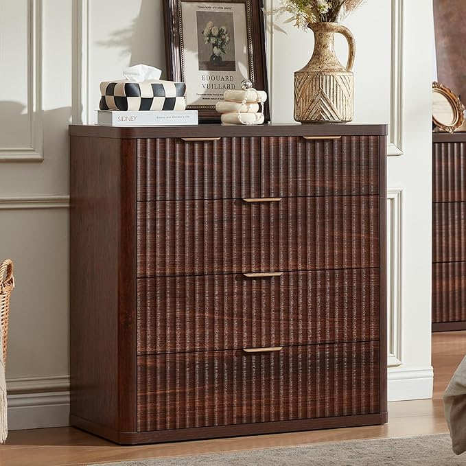LEYAOYAO Fluted 5 Drawers Dresser for Bedroom Set of 2, 34" Tall Modern Chest of Drawers with Metal Handle, Curved Profile Design,Walnut Wood Drawer Organizer for Bedroom, Living Room, Hallway