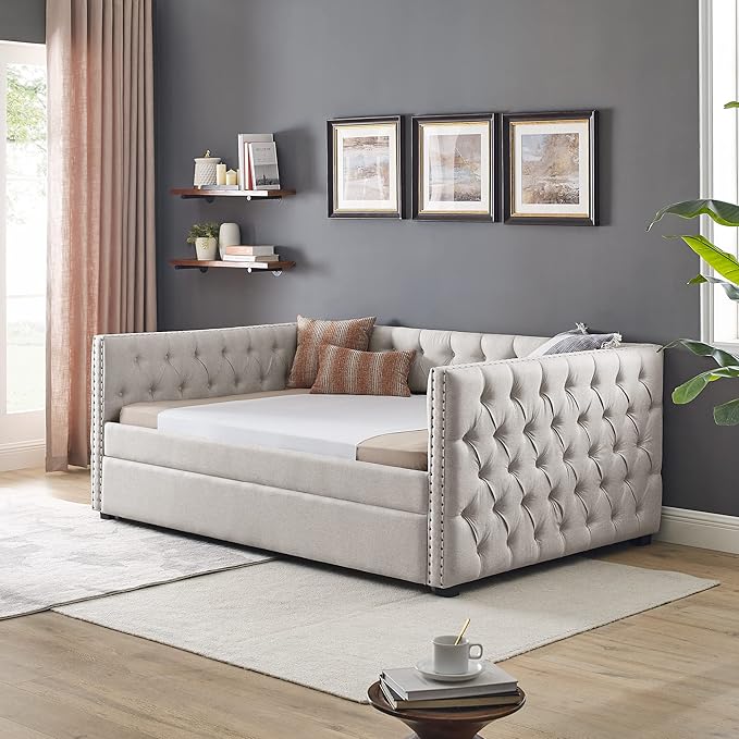 Antetek Daybed with Trundle, Modern Upholstered Full Size Button-Tufted Sofa Bed Frame with A Roll-Out Trundle, No Box Spring Needed, Furniture for Bedroom Living Room Guest Room (Beige, Full)