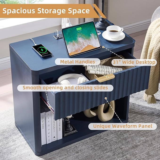 LEYAOYAO 31" Wide Fluted Nightstand with Charging Station, Oversized Extra Large 1 Drawer Night Stand with Golden Handle, Blue Wood Bedside Table Tall End Tables,for Bedroom, Living Room, Hallway