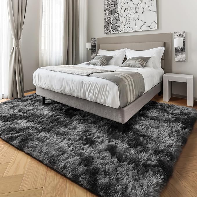 PAGISOFE Abstract Soft Shaggy Rugs for Living Room 5x8 Ft,Tie-Dyed Grey Fluffy Washable Rugs for Kids Room Furry Carpets for Bedroom Room Decor Aesthetic Large Shag Carpet for Boys Girls Dorm Nursery