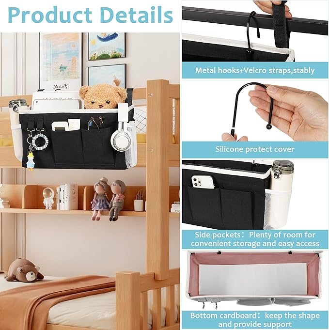 Loghot Bedside Caddy/Bedside Storage Bag Hanging Organizer for Bunk and Hospital Beds,Dorm Rooms Bed Rails,Can be Placed Glasses,Books,Mobile Phones,Keys (2pc Black)