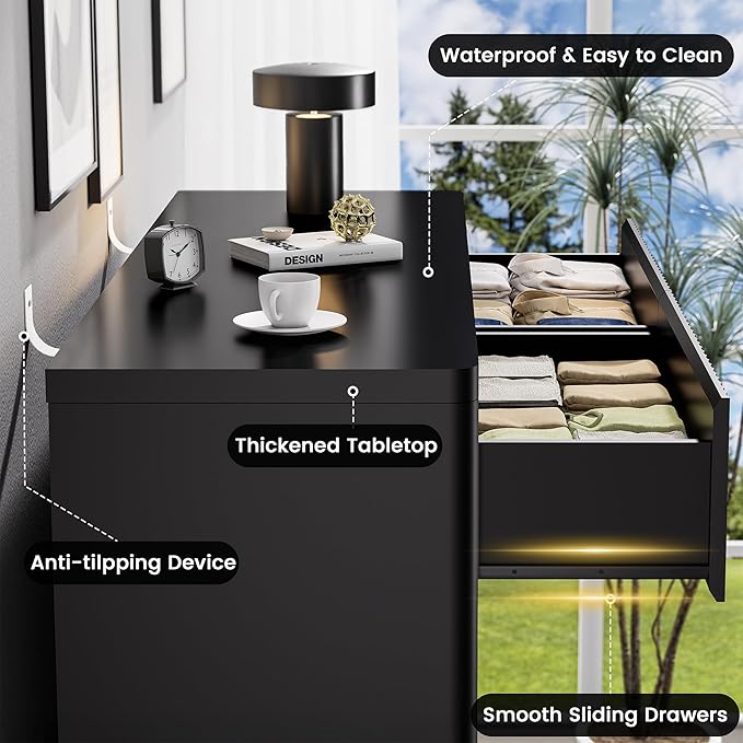 Black Dresser for Bedroom, 8 Drawers Double Fluted Dressers, Modern Chest of Drawers with Curved Profile, Handleless, Storage Closet Dressers for Bedroom, Living Room, Entryways