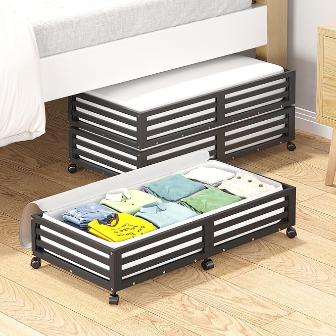 Wisuce Bamboo Under Bed Storage Containers- Underbed Organizer with Wheels with Large Dust Bag,Sturdy Wood Rolling Under the Bed Shoe Storage Organizer Drawer 2 Packs (Black, Long)