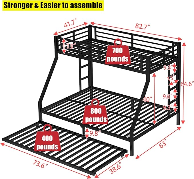 Upgraded & Stronger Heavy Duty Metal Twin XL Over Queen Bunk Bed with Twin Size Trundle for Adults & Teens, Thickened More Stable Safer Bunkbeds (Greater Weight Capacity)