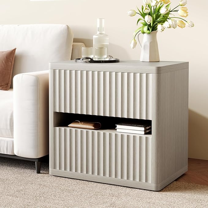 Dripex Fluted Nightstand Set of 2 with Drawers Storage, Large Wide Wood Night Stand Bedside Tables for Bedroom, Mid-Century Modern Bed Side Table, End Tables for Living Room Sofa Couch, Gray Oak