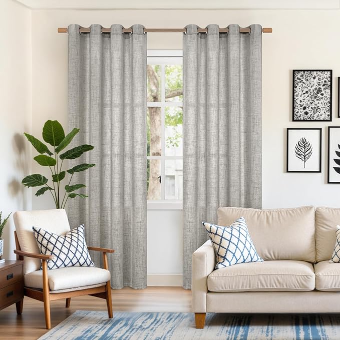 YoungsTex Dark Grey Linen Curtains 84 Inch Length 2 Panels, Light Filtering Semi Sheer Window Treatments with Bronze Grommet Privacy Textured Drapes for Living Room Bedroom Dining, 52 X 84 Inch