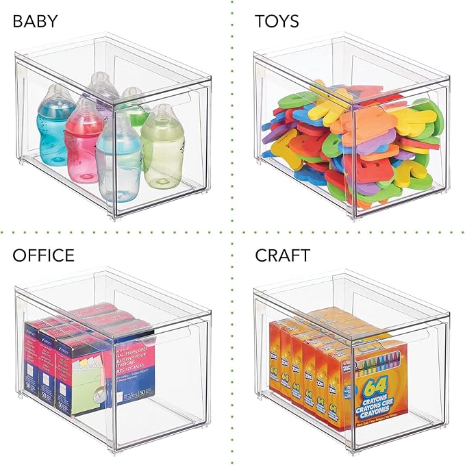 mDesign Plastic Stackable Closet Storage Organizer Bins with Pull Out Drawer for Cabinet, Desk, Shelf, Cupboard, or Dresser Organization - Lumiere Collection - 2 Pack - Clear