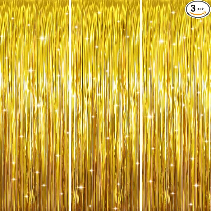 GOER 3.2 ft x 9.8 ft Metallic Tinsel Foil Fringe Curtains Party Photo Backdrop Party Streamers for Birthday,Graduation,New Year Eve Decorations Wedding Decor (Gold,3 pcs)