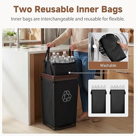 StorageWorks Recycling Bin with Lid, 29Gal Large Recycling Bin for Kitchen, Indoor Recycling Bins with 2 Reusable Washable Bags for Bottles and Cans, Steel Frame Fabric Sorter, 110L, Black