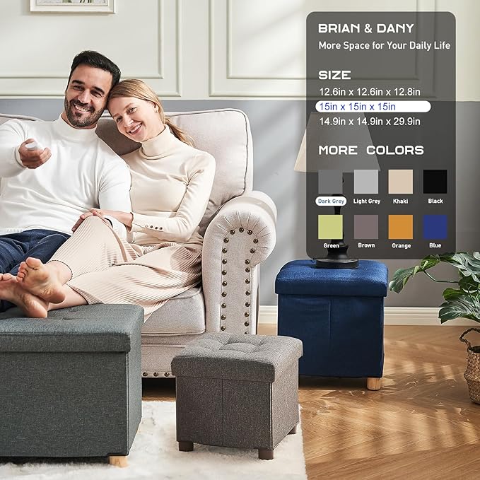 BRIAN & DANY 15 Inches Ottoman with Storage, Square Small Storage Ottoman Foot Rest with Legs, Ottomans Foot Stool for Dorm, Living Room, Entryway (Gray)