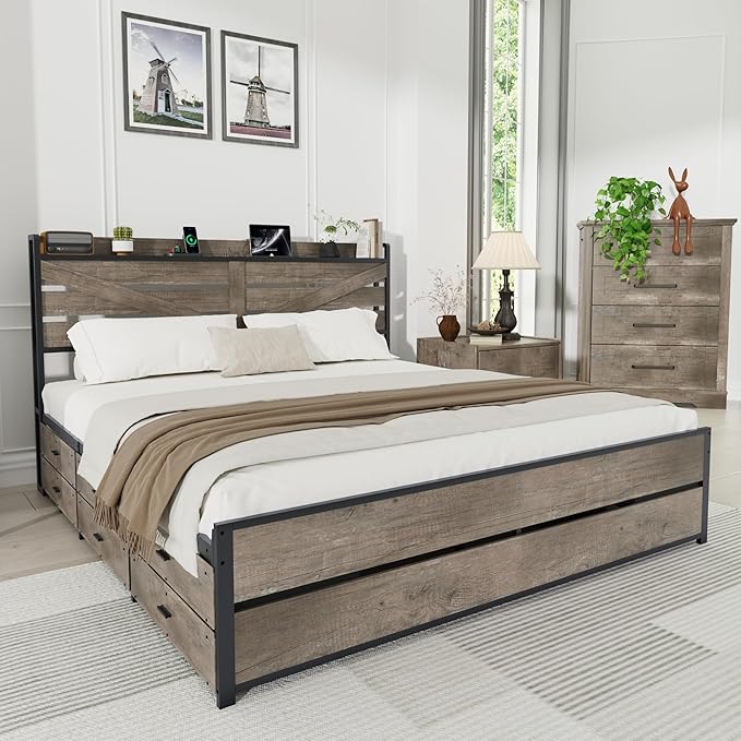 King Size Wooden Bed Frame with 12 Storage Drawers and Headboard, Farmhouse Platform Bed Frame with Charging Station, No Box Spring Needed, Stable and Solid, Noise Free. (Oak, King)