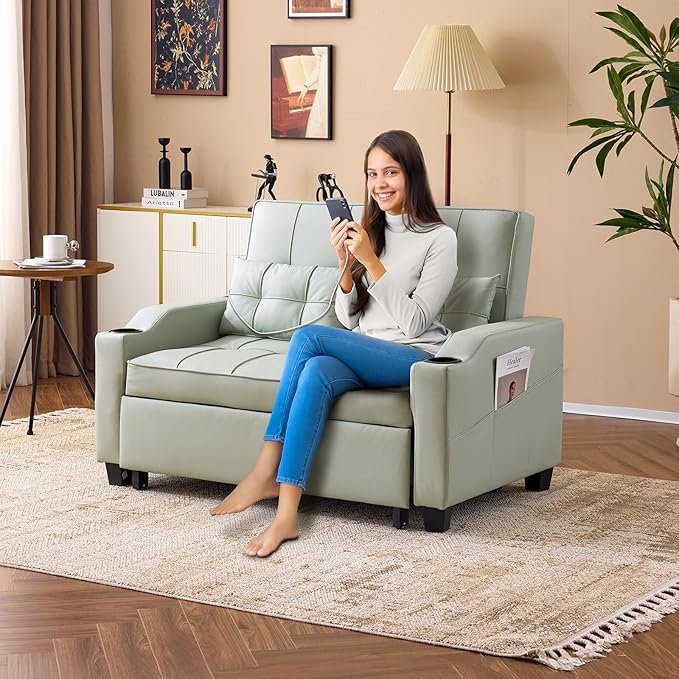 VINGLI Light Green Futon Sofa Bed Convertible Loveseat Sleeper Couch, Faux Leather Pullout Sofa Fold Out Couch Bed with USB Ports, Cup Holders, Armrest for Living Room, Bedroom Apartment Room