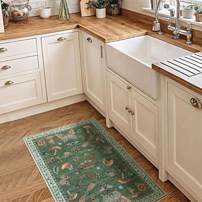 Mushroom Small Rug 2x3 Washable Door Mat Indoor Rugs for Entryway Non-Slip Soft Ultra-Thin Stain Resistant Foldable Rugs Kitchen Bedroom Living Room Green