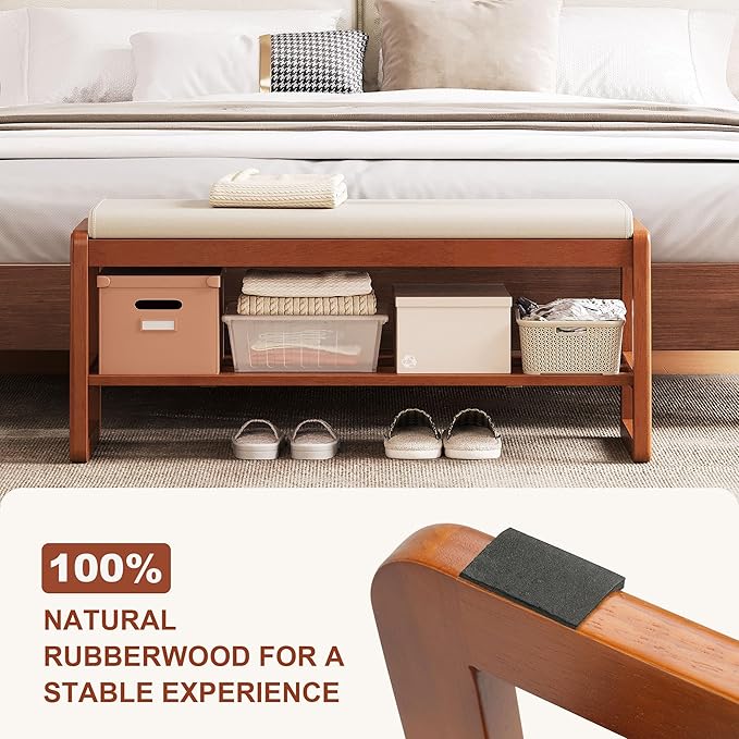 Shoe Bench Storage Rubberwood with Leather Cushion 39.4", Waterproof Easy to Clean 550LBS Organizer Shoe Rack for Entryway, Hallway, Mudroom, Front Door