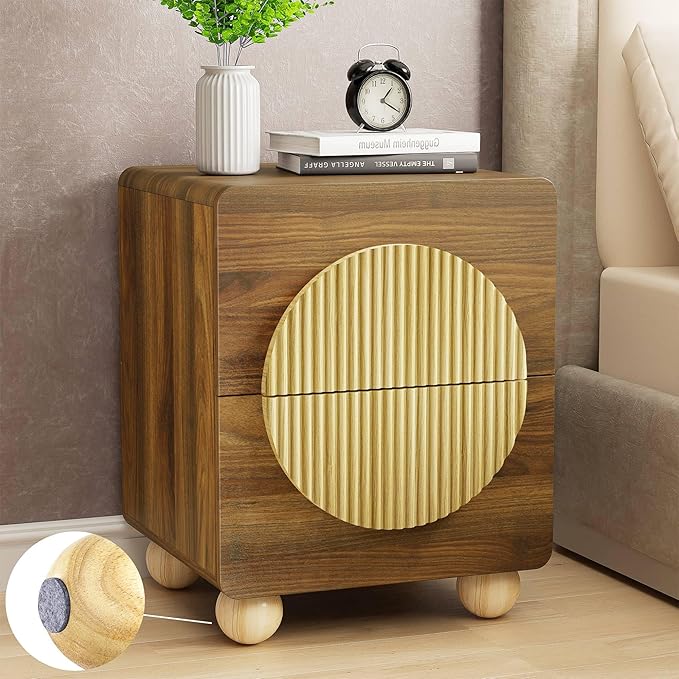 23" Fluted Nightstand with Solid Wood Legs, Modern Style Walnut Bedside Table with Round Moon Handle & Storage, Mid Century Cute Night Stand for Bedroom, Side Table, End Table