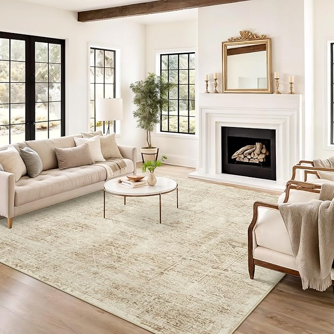 5x7 Area Rugs Brown Low Pile Indoor Washable Trendy Faded Style Floral Rugs for Bedroom Living Room Dining Room Foldable Non-Slip Thin Print Mat