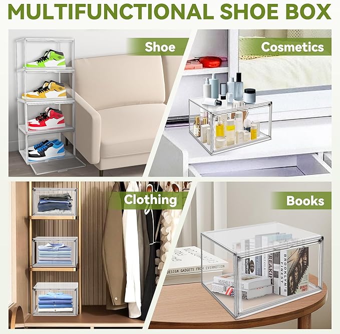 1 Pack Clear Stackable Plastic Shoe Storage Box with Magnetic Acrylic Door Size 12.5 Sneaker Display Case Transparent Closet Organizers and Storage, Easy Assembly