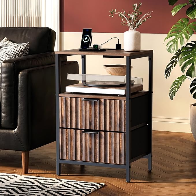 VINGLI Nightstands Set of 2, Walnut Nightstand with Charging Station, Night Stands Fluted with 2 Drawers Fabric, Bedside Tables/End Tables with Charger Station, Side Table Bedroom, Small Night Stand