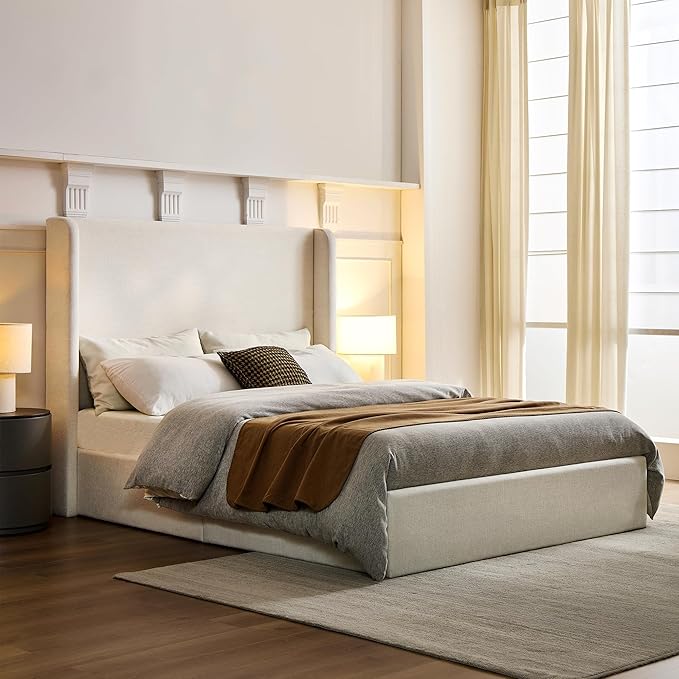 King Size Upholstered Bed Frame, Harper 54" Tall Headboard Platform Beds, Wingback Headboard Bedframes/No Box Spring Needed/Easy Assembly/Elegant Simplicit, Textured Ivory Canvas Chenille