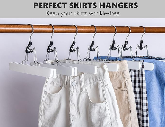 Amber Home 10 Pack White Wooden Pants Hangers, Wood Clamp Hangers with Non Slip Padded Velvet, Jeans/Slacks Hangers Hair Extension Hangers for Skirts, Trousers, Wigs (White, 10)