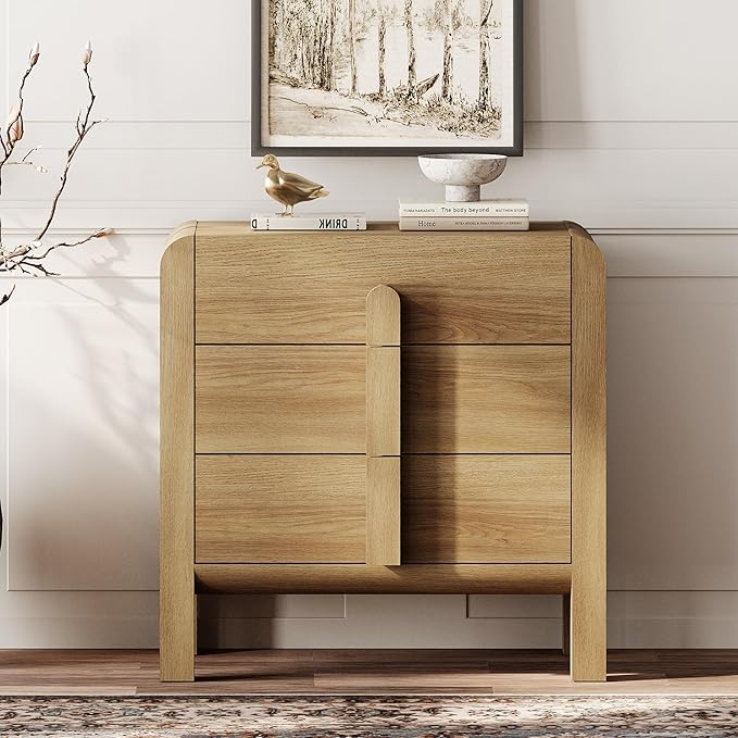 WAMPAT 3 Drawer Dresser for Bedroom, 31.5" Wide Mid Century Modern Wide Chest of Drawer, Wood Tall Nightstand with Curved Edge Handles, Closet Dresser TV Stand for Bedroom, Light Walnut