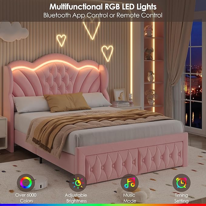 Keyluv Queen Bed Frame with LED Lights and 2 Storage Drawers, Velvet Upholstered Platform with 47" Tall Arc-Shaped Wingback Headboard and Button Tufted Design, No Box Spring Needed, Noise-Free, Pink